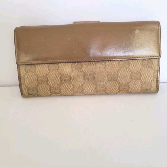 GUCCI Signature Heart Wallet Purse Leather Canvas Clutch Large Beige Tan Fair - Picture 2 of 12